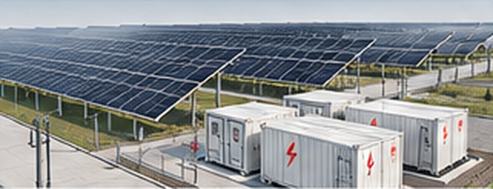 Ilustrație conceptuală parc fotovoltaic și BESS